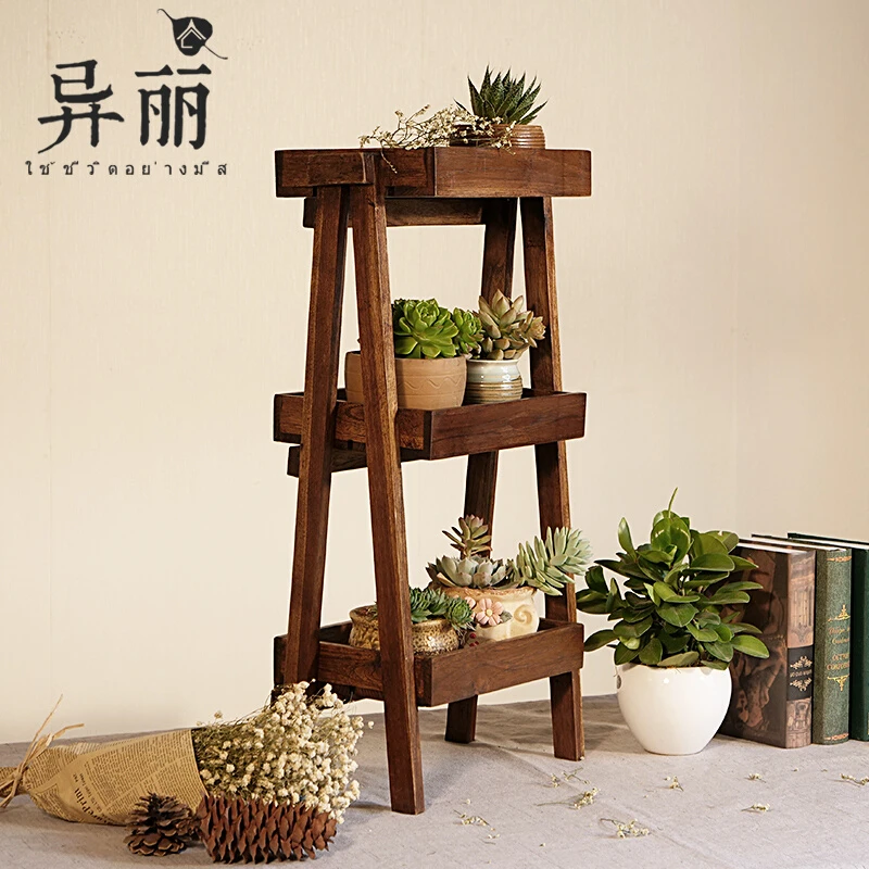 异丽进口柚木花架多层阳台客厅置物架落地面实木花架子绿萝多肉架