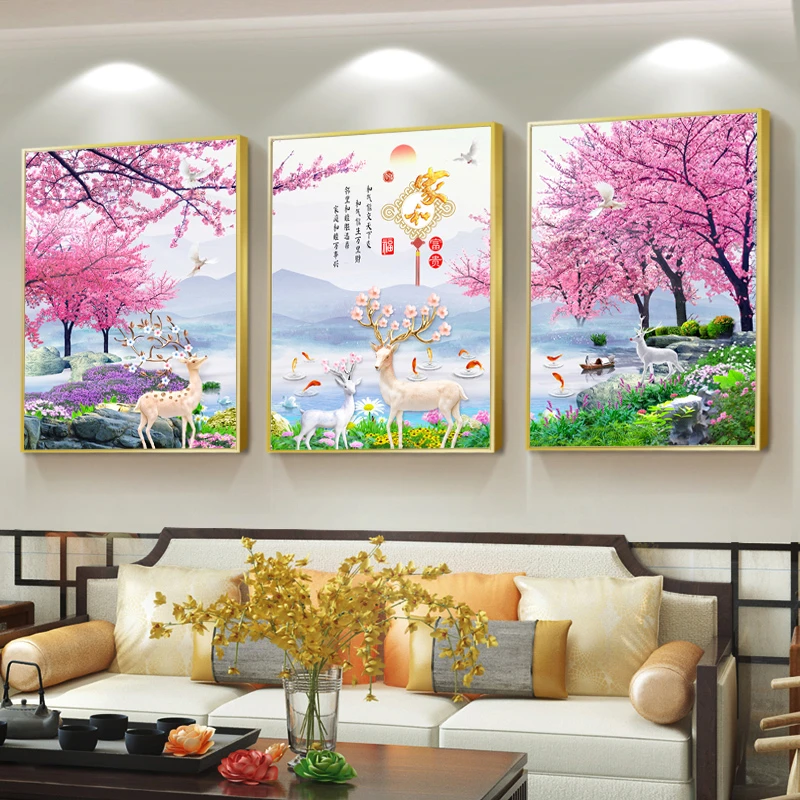 DC/蒂彩麋鹿三联画手工DIY满钻钻石绣点钻十字绣客厅装饰画