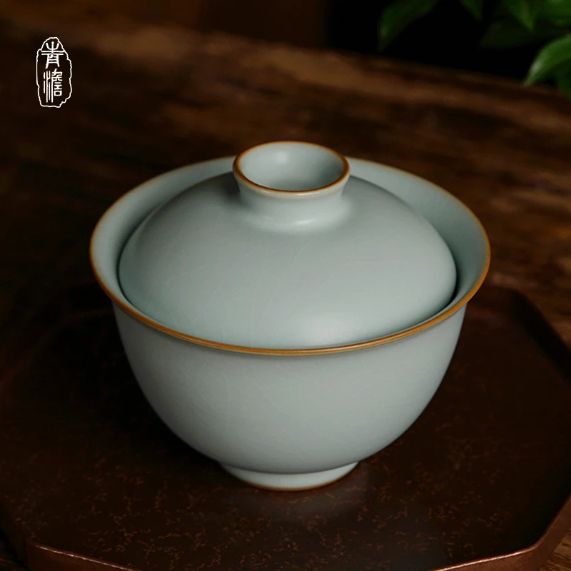 青澹青澹沐春盖碗250ml 汝窑两才盖碗 景德镇手工茶碗 开片可养