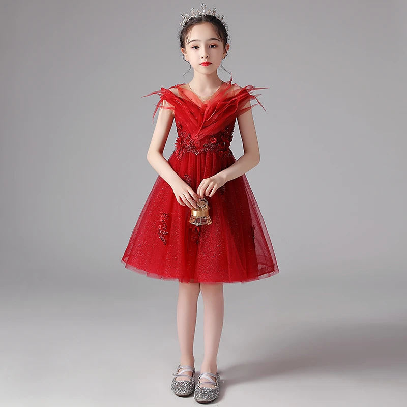 儿童礼服女童生日公主裙红色蓬蓬裙钢琴演奏演出服小主持人礼服裙