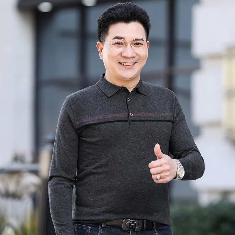 爸爸春秋装针织打底衫薄款中年中老年男装毛衣长袖T恤