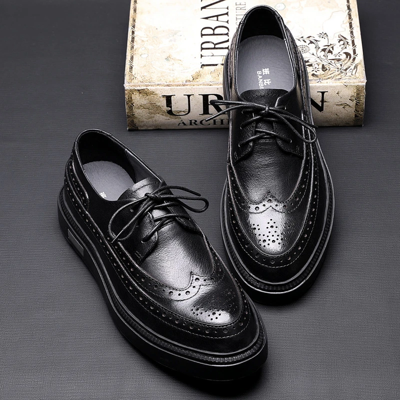 班比帝伦牛皮布洛克休闲男士皮鞋新款商务平底男鞋头层牛皮休闲鞋