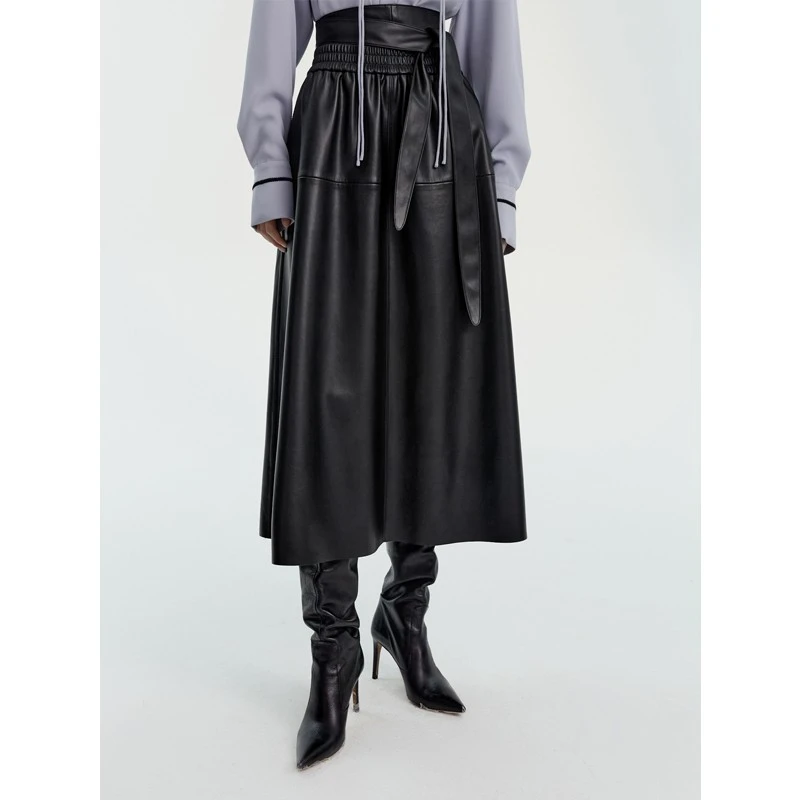 【RoseLingLing】摩登时髦 遮肉显瘦松紧腰中长款皮伞裙