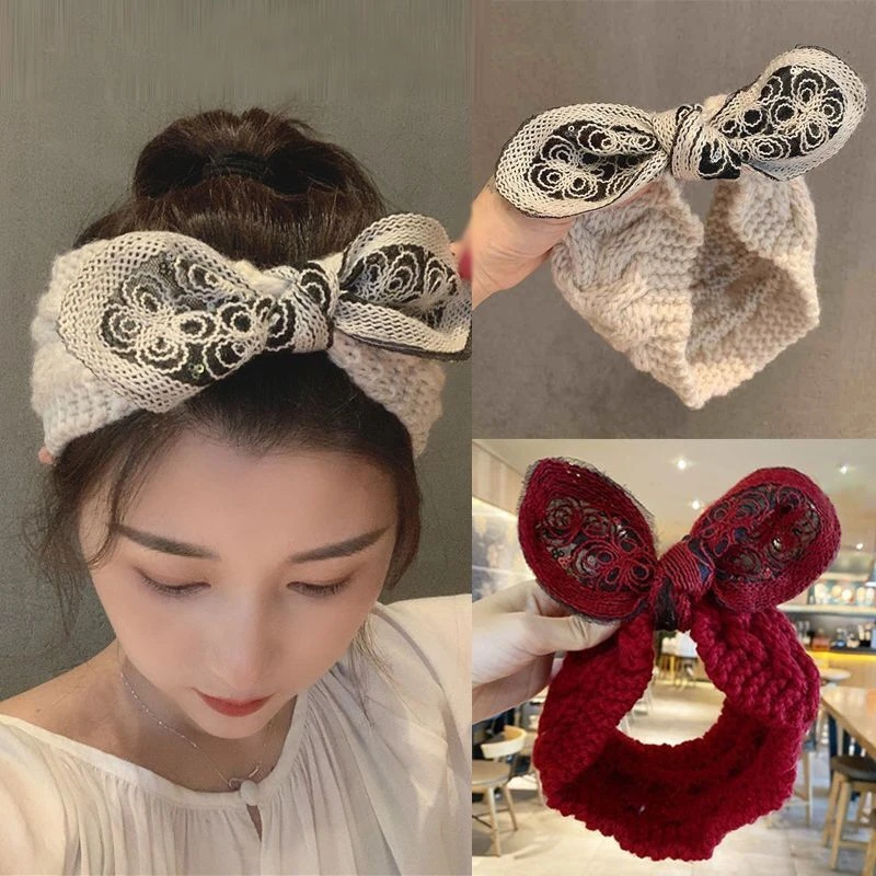 网红针织毛线蝴蝶结刺绣时尚弹力发带发箍头箍发饰品女