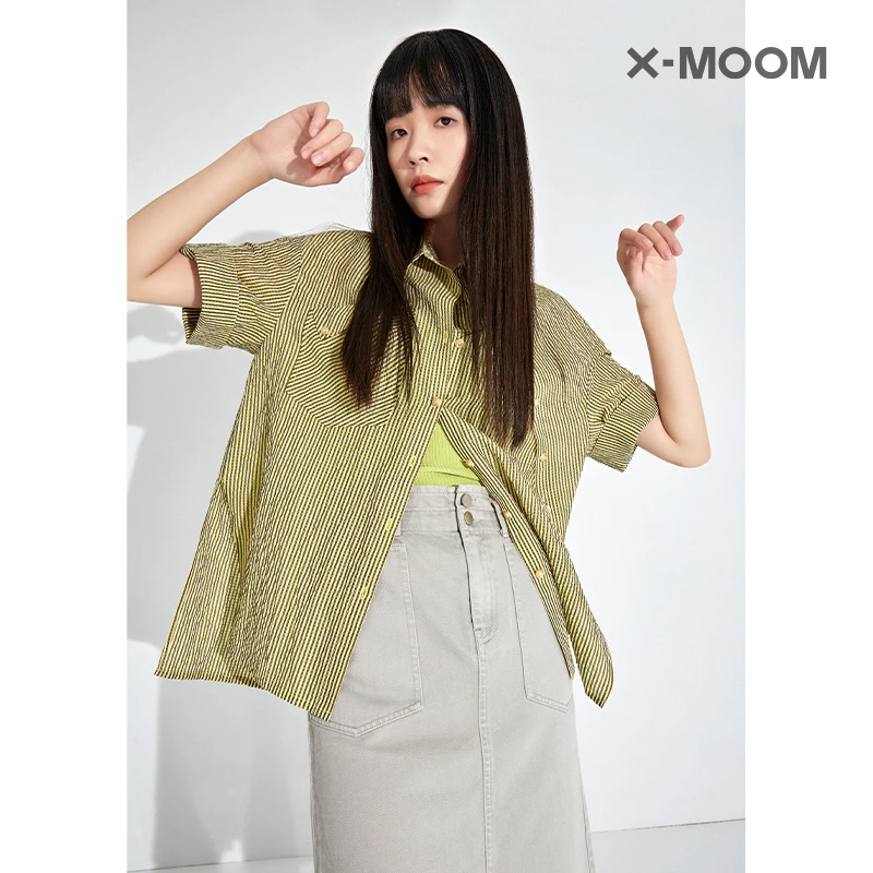 X-MOOM夏季新款休闲宽松百搭微皱肌理感细格纹衬衫女ZUXCA17051