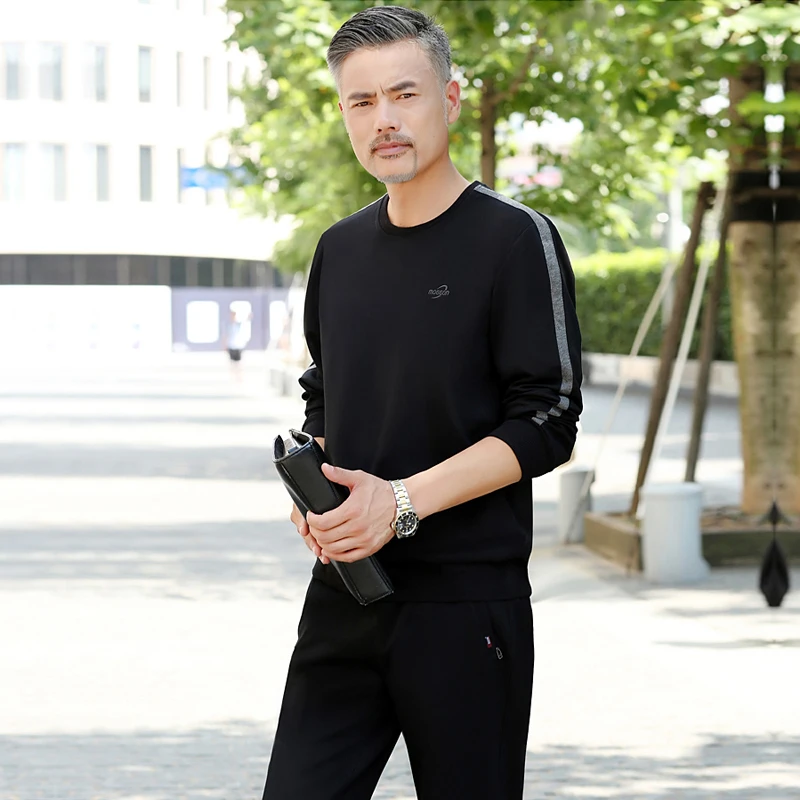 中老年运动套装男春秋季爸爸休闲装圆领卫衣中年运动服男士两件套
