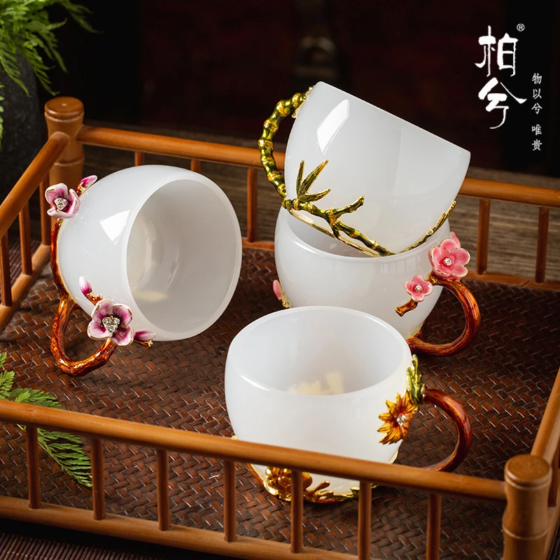 琉璃主人杯带把手带花色的杯子梅兰竹菊手工高档家用品茗杯送礼