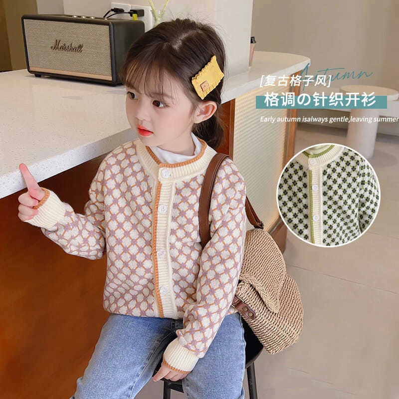 女童毛衣开衫2025秋装新款儿童韩版洋气菱格外套女宝宝秋季针织衫