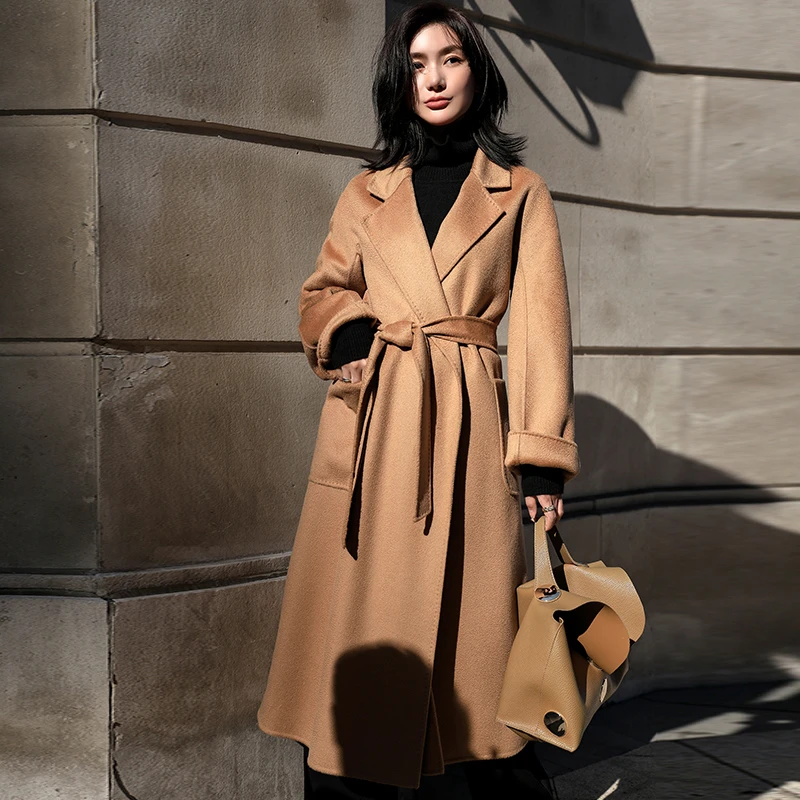 水波纹双面绒大衣女中长款高端系带宽松羊毛呢双面呢外套1