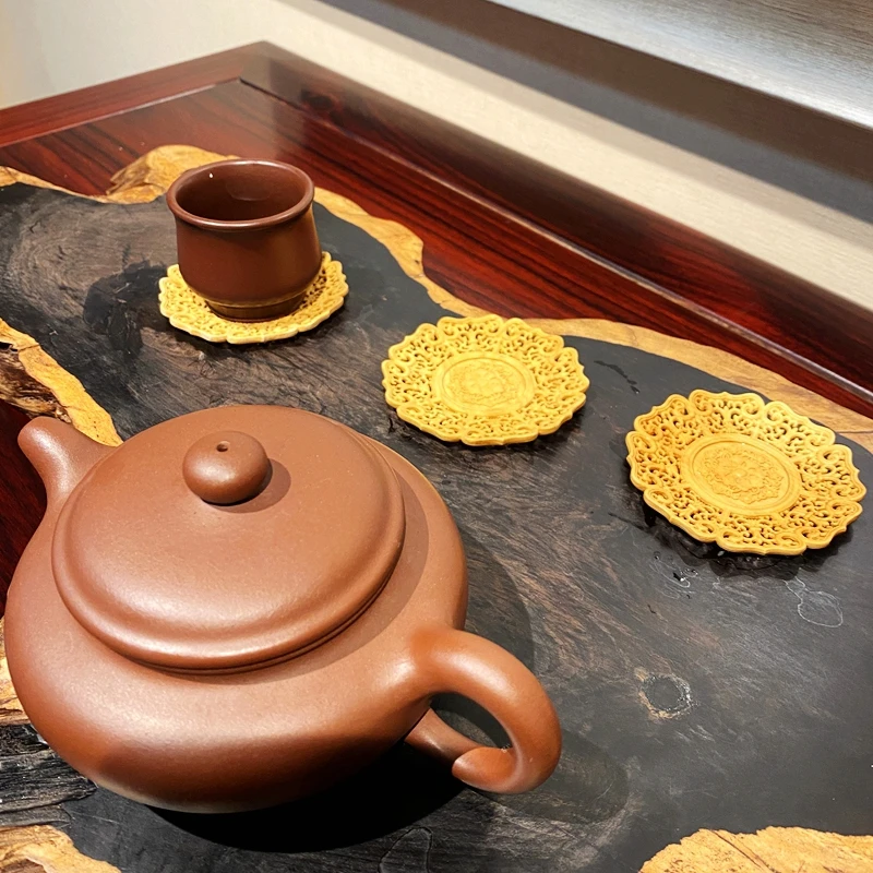 镂空透雕缠枝纹小叶黄杨木杯垫茶托隔热杯垫根雕功夫茶具
