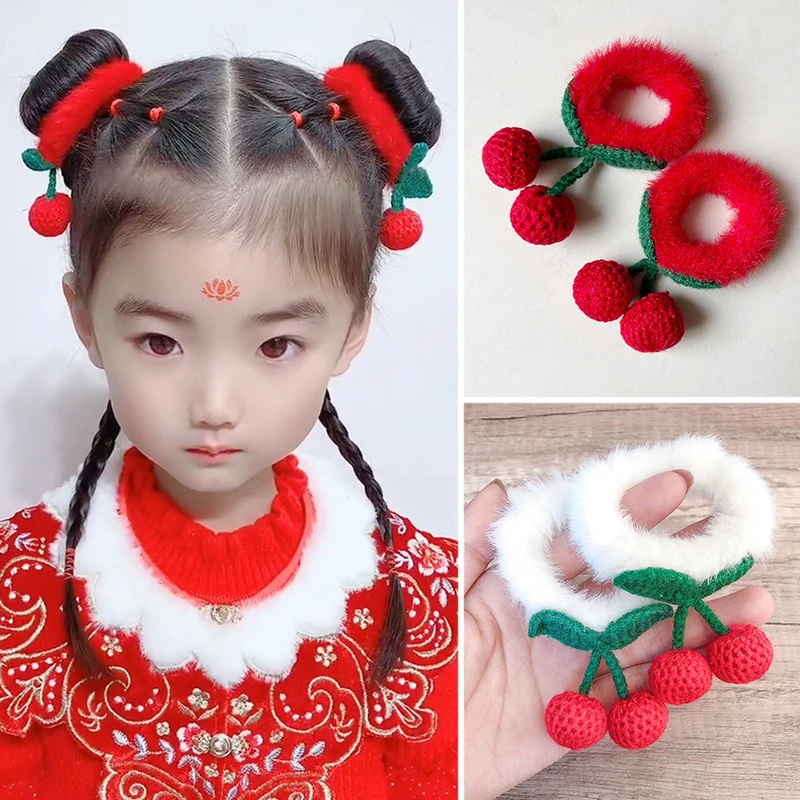 【梦蜜】网红同款儿童毛绒樱桃发圈女童可爱甜美大红毛绒发圈发饰