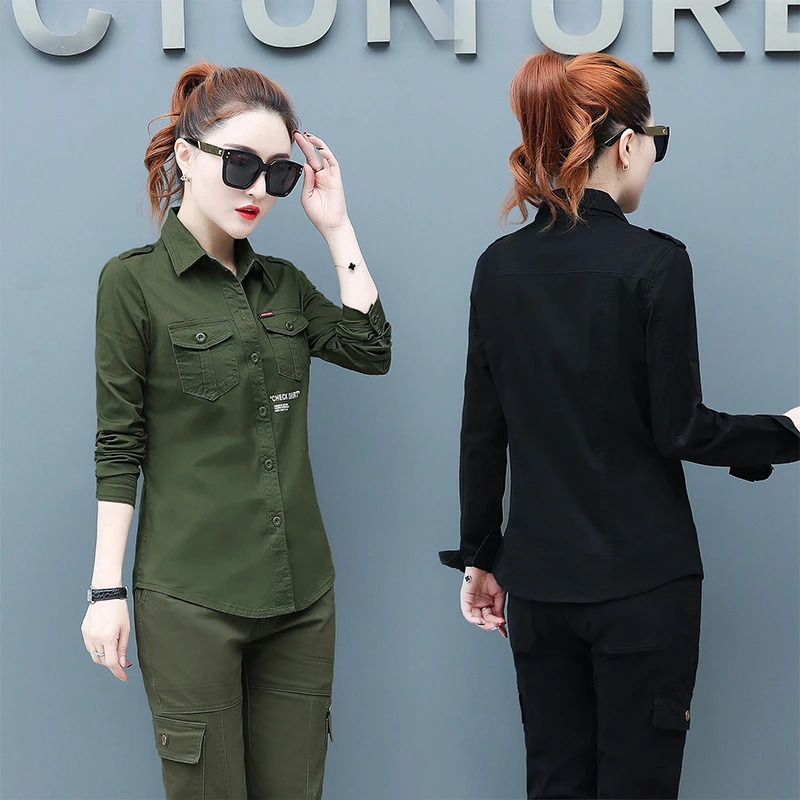 春秋季女士休闲工装衬衫修身长袖军绿服装工作服情侣款战术衬衣