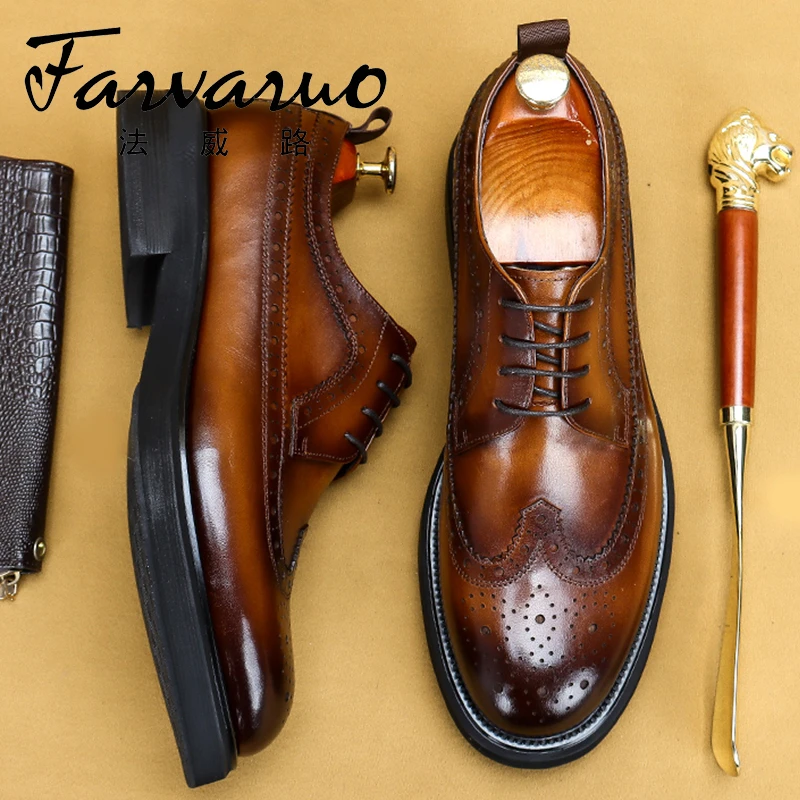 圆头布洛克雕花男士真皮英伦商务休闲皮鞋大头增高厚底黑色德比鞋