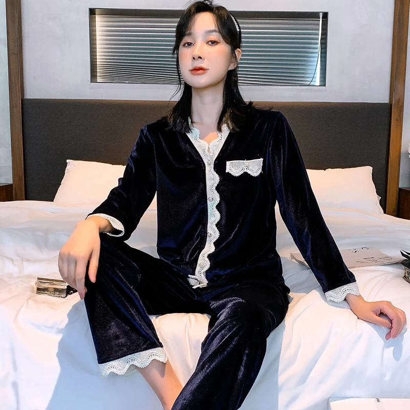 乐姿梦秋冬季金丝绒睡衣女时尚潮流蕾丝花边长袖春秋款家居服套装