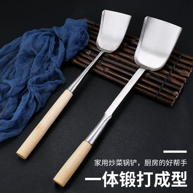 不锈钢锅铲炒菜铲子一体手工锻打防烫家用老式加厚加长木柄炒铲勺