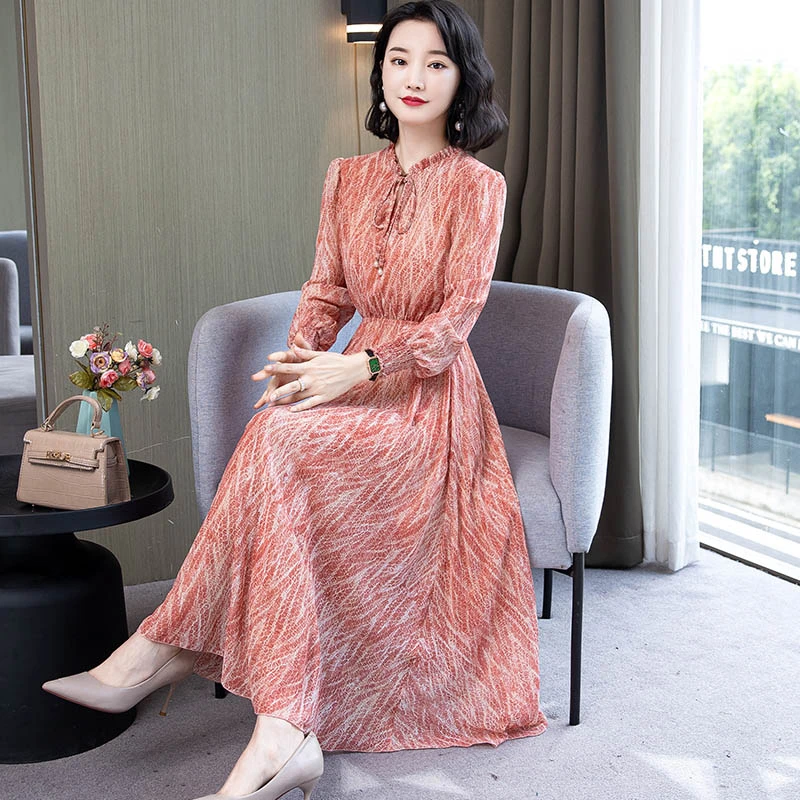 春季长袖雪纺连衣裙女2024新款大码长款洋气收腰显瘦妈妈气质裙子