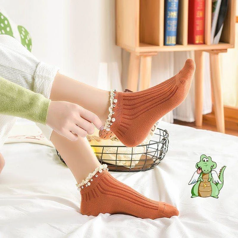 时尚休闲新潮珠珠花边袜透气袜子棉袜春秋春夏春秋常规条纹文艺风
