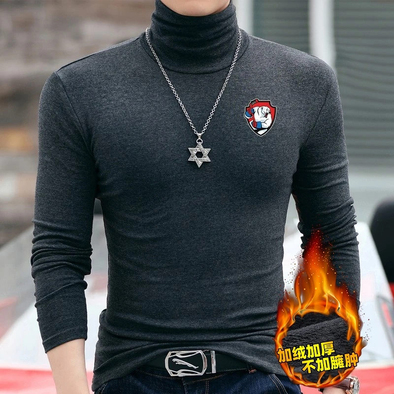 舒适长袖t恤潮流印花男士加绒加厚修身高领打底衫秋冬季百搭保暖