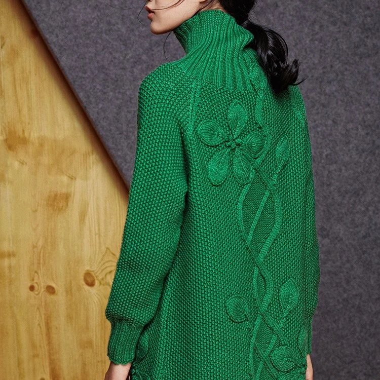 潘华尔姿高端定制手工编织毛衣高领套头树叶花朵中长款连衣裙时尚