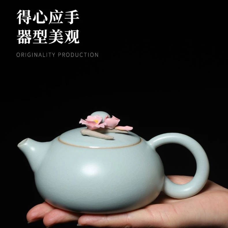 天青汝窑茶壶手工捏花陶瓷开片可养功夫茶具天青色家用过滤青澹