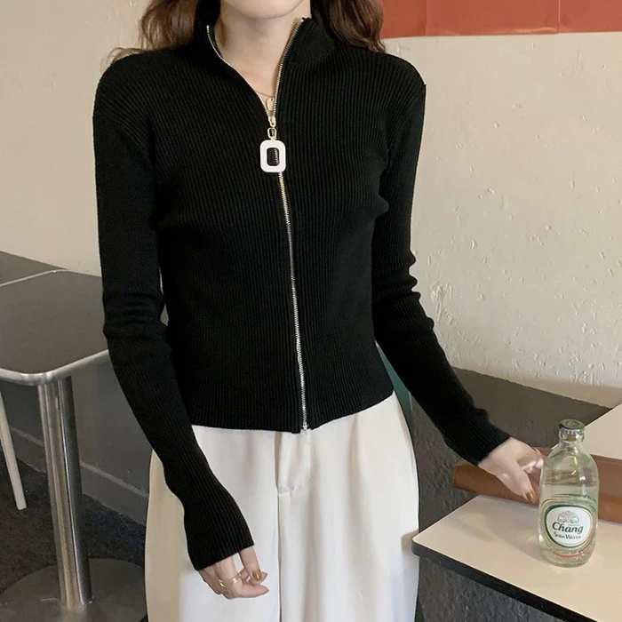 毛衣开衫外套慵懒风半高领拉链精致短款上衣外搭女士长袖针织衫女
