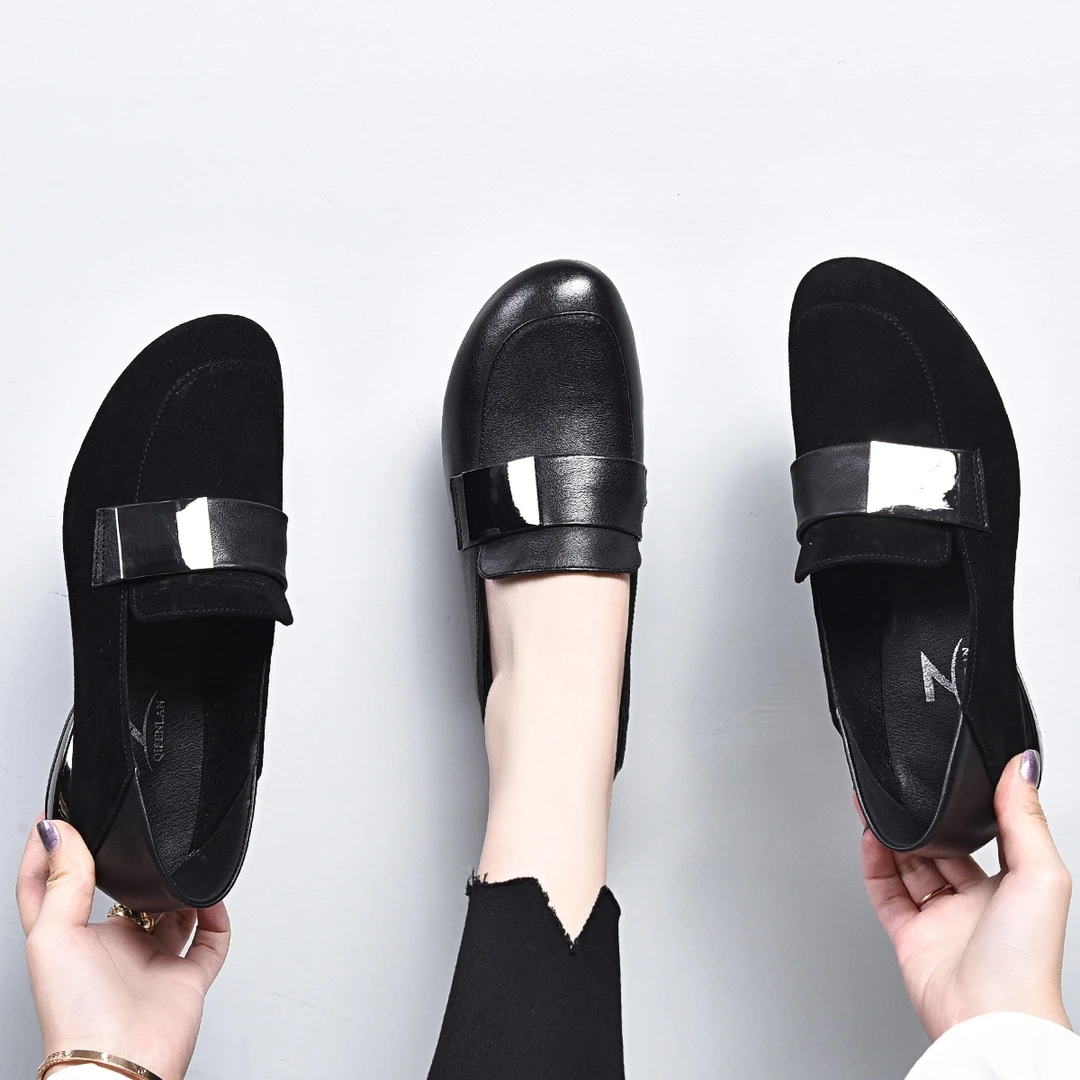 新款时尚韩版小方扣豆豆鞋跟高2公分