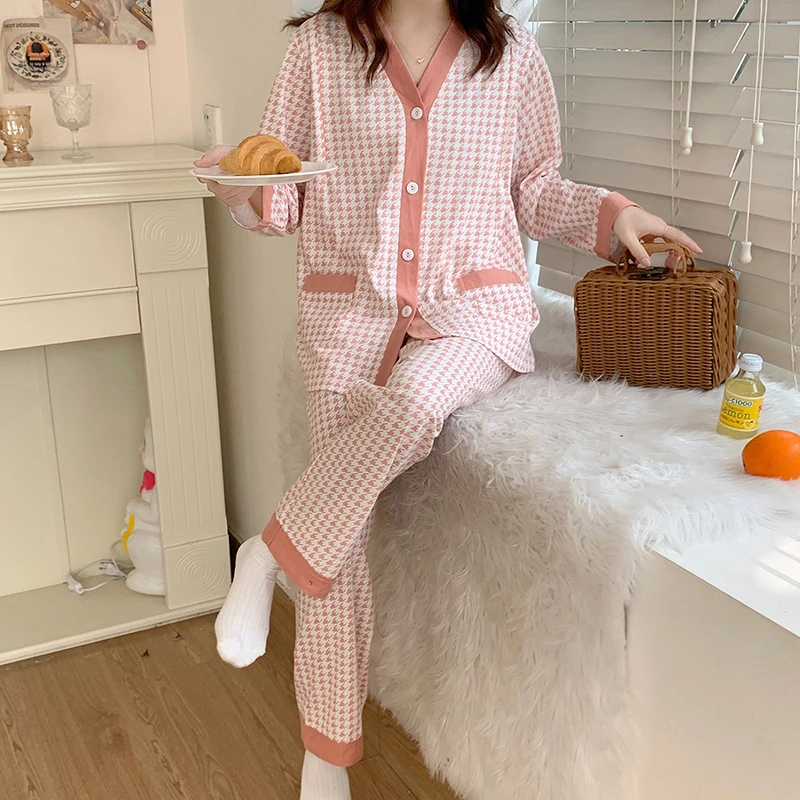 纯棉月子服3月4月份千鸟格V领孕妇睡衣春秋产妇哺乳喂奶吸汗透气