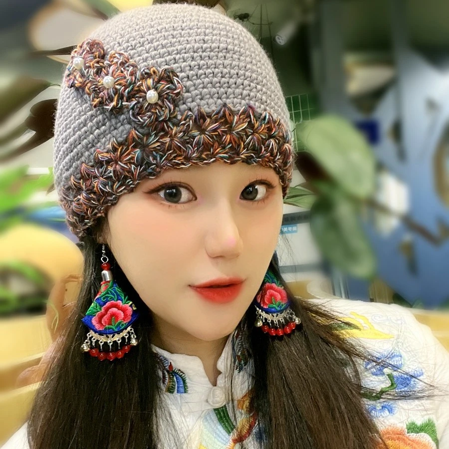 原创纯手工格纹葵花彩色毛线帽包头帽冷帽针织帽保暖帽秋冬款
