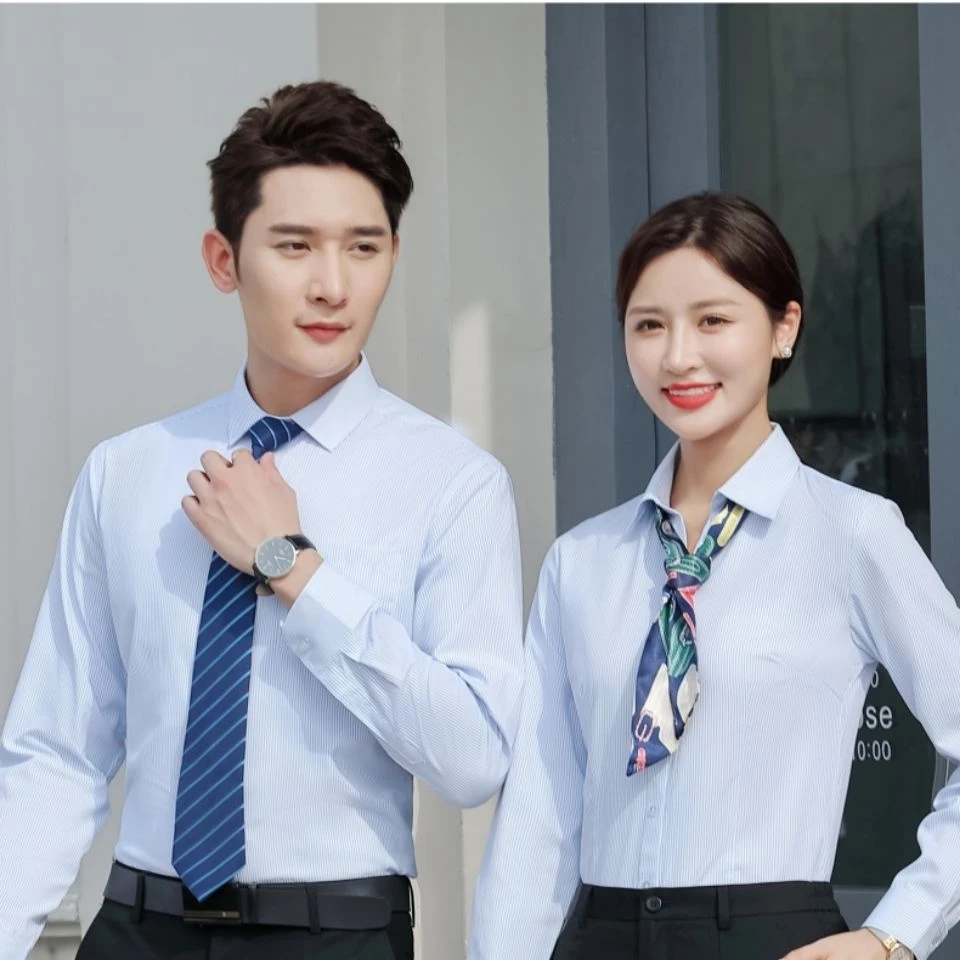 常规男女同款职业装免烫衬衣蓝条纹衬衫长袖休闲修身商务工作服