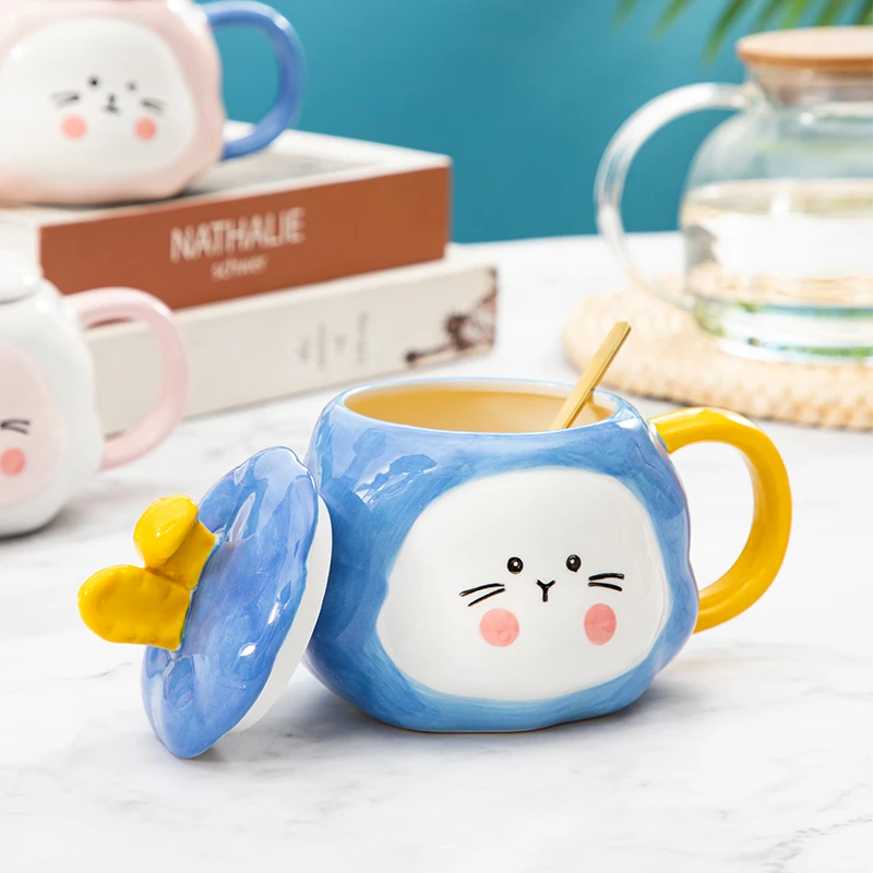 手绘卡通陶瓷杯咖啡杯子水杯女生大容量高颜值学生杯闺蜜生日礼物