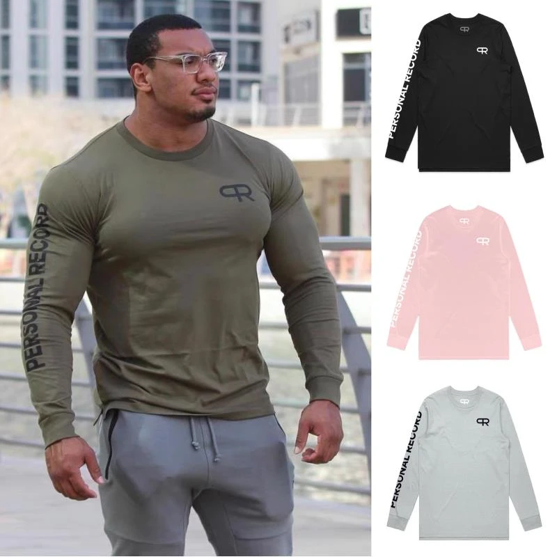 轮子哥PR健身训练长袖力量举宽松弹性棉长袖t恤运动打底衫背心