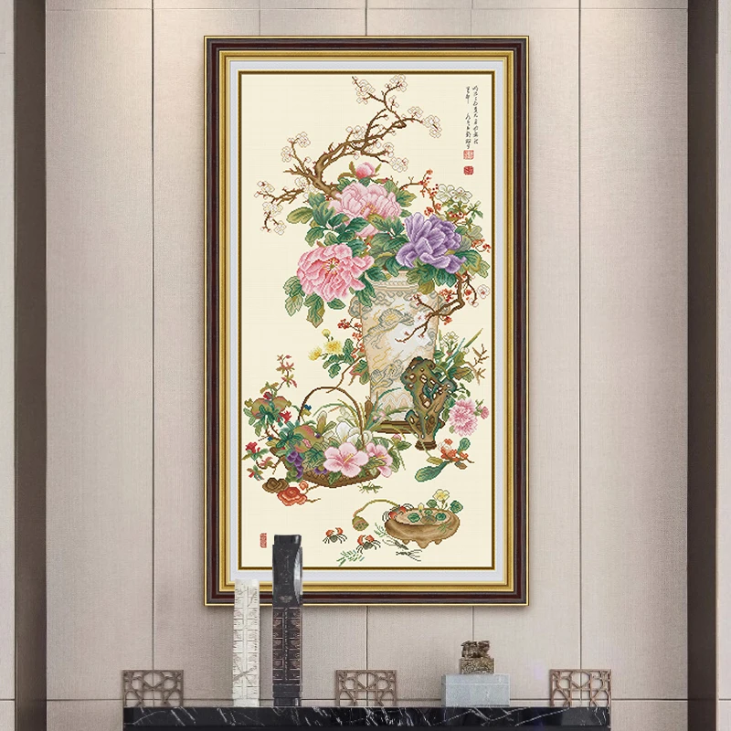 KS十字绣套件清新印花岁朝清供图牡丹花卉勾边（80色）121*67