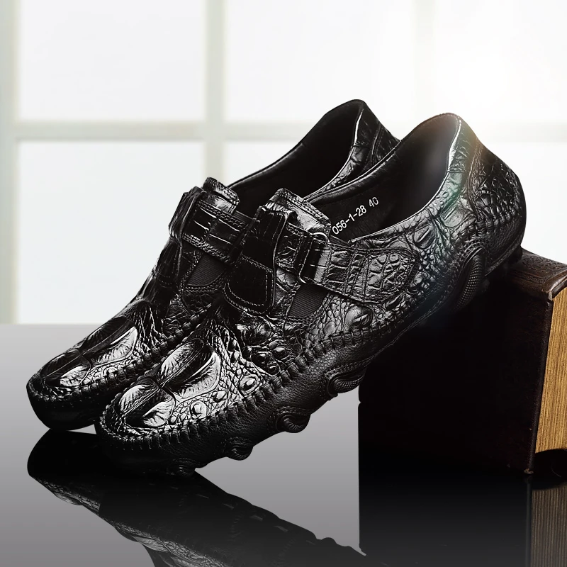 VQGT鳄鱼纹男鞋真皮休闲鞋男士皮鞋头层牛皮豆豆鞋魔术贴男软底潮