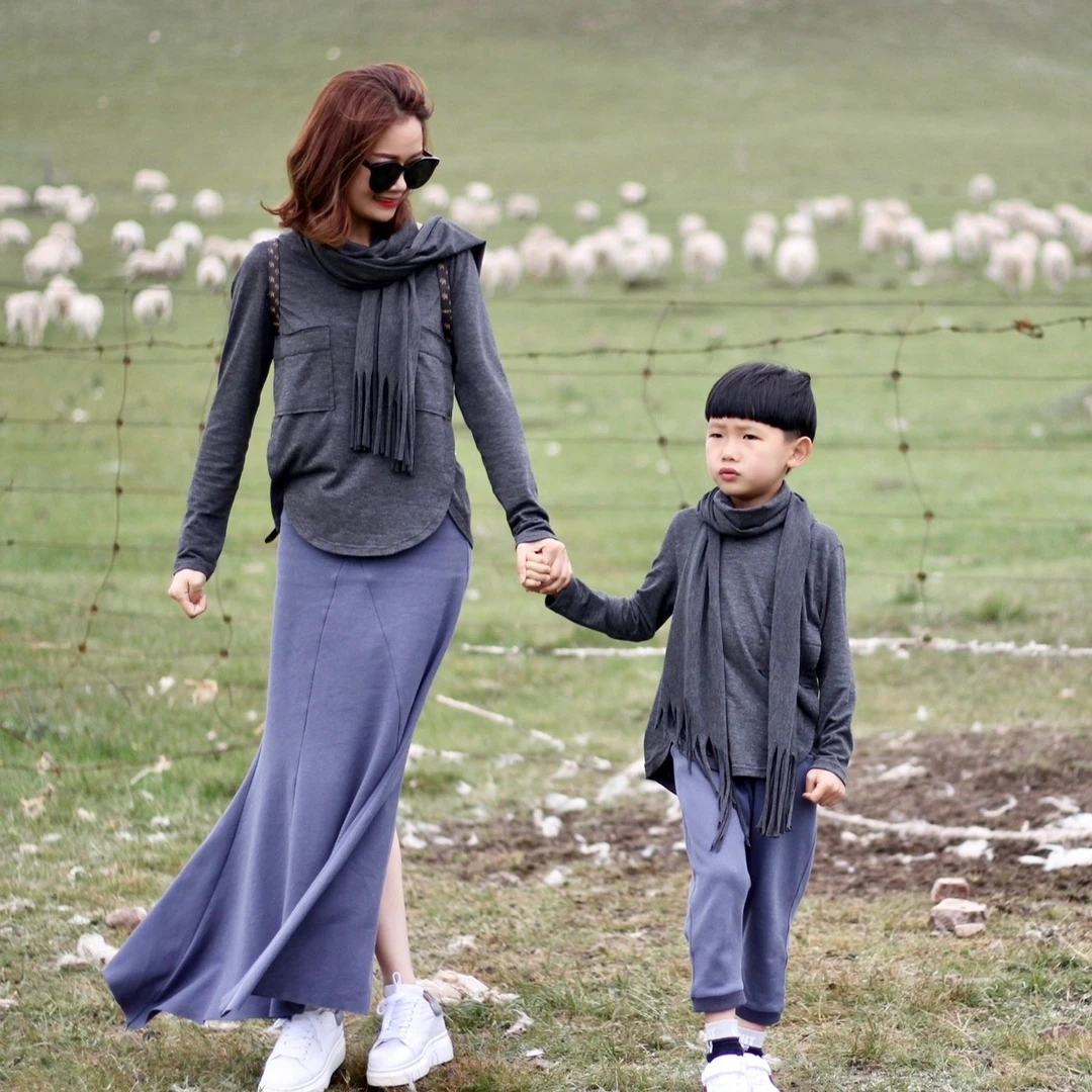 【哲思凡】设计师款针织前片双贴布袋小开领长袖T恤原创设计亲子装