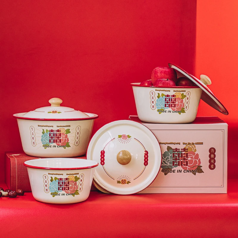 树可设计复古喜字搪瓷盆带盖盆子和面盆大号揉面盆加厚猪油盆zb