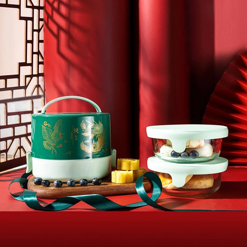 sohome菁萃便当盒一体套装 国风饭盒耐热玻璃圆形饭盒硅胶S168-1