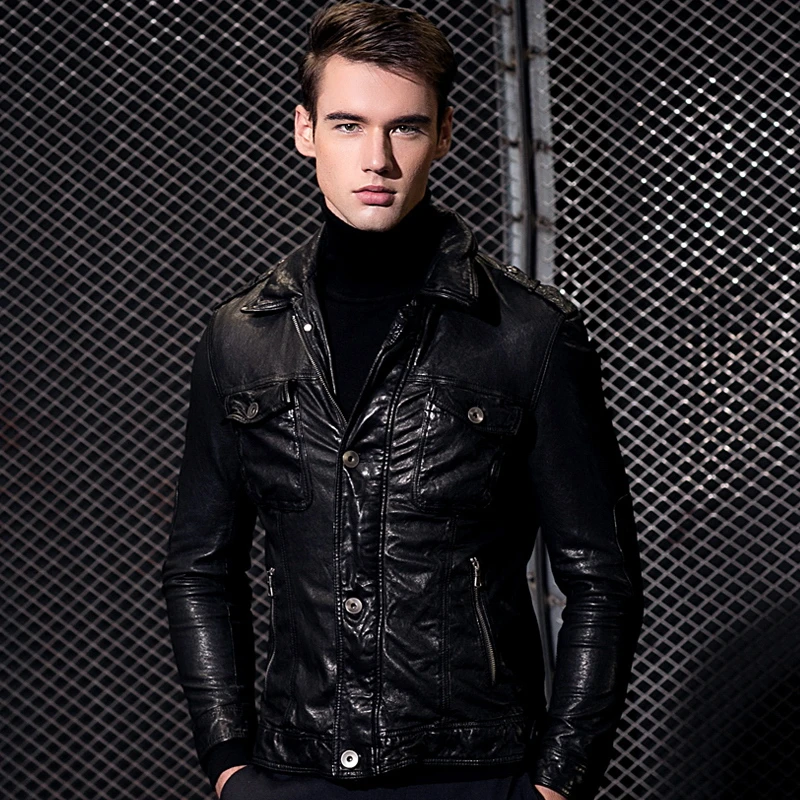 02197 男士头层植鞣绵羊皮机车真皮皮衣低奢韩版修身帅气时尚外套