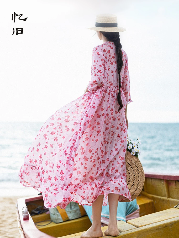 忆旧早春女装套头碎花连衣裙长款女2021新款印花长裙宽松海边裙子
