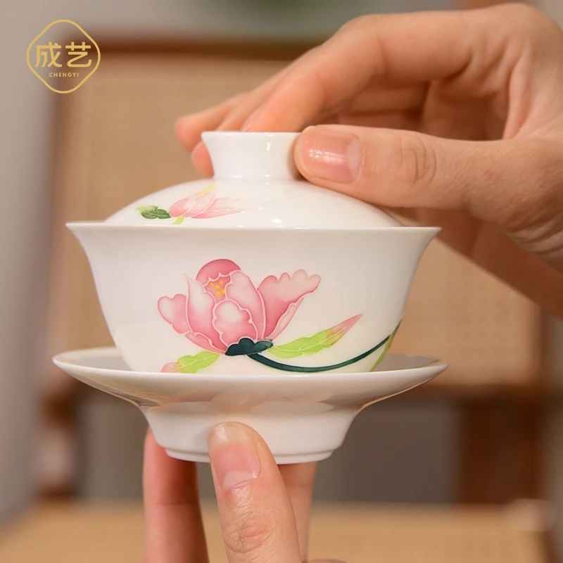 当代 满堂春手绘三才盖碗功夫茶具家用瓷盖碗陶瓷泡茶器釉下彩