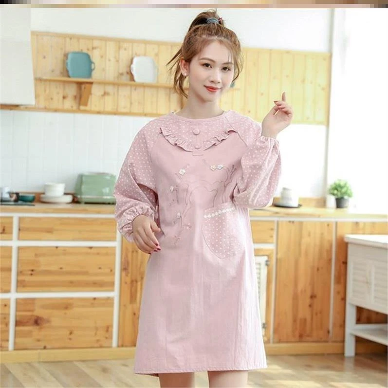 家用女防水罩衣厨房衣服防护工作服全棉围裙厨房罩衣长袖防水防油