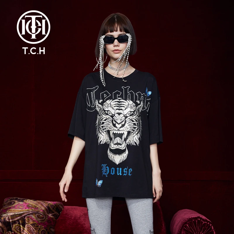 轻奢TCH潮牌蝴蝶老虎烫钻黑色短袖t恤国潮重工男女同款T211106042
