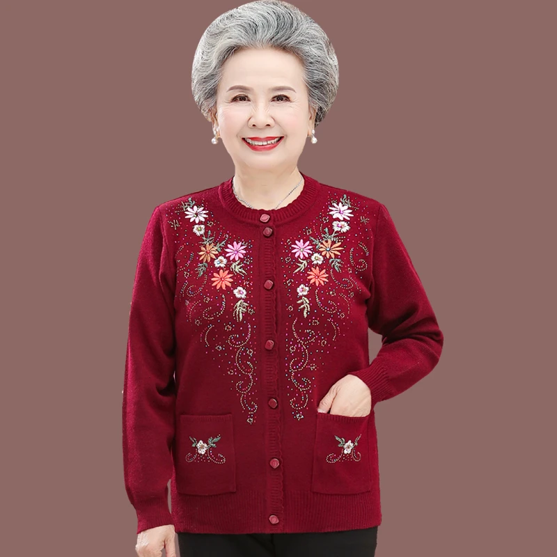 中老年人女装秋装针织衫开衫绣花毛衣60-70岁80奶奶春秋外套宽松