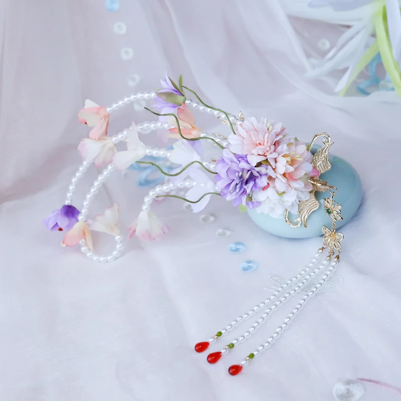 风雪初晴 瑶花发冠绢花偏凤 原创手工唐风绢花发冠