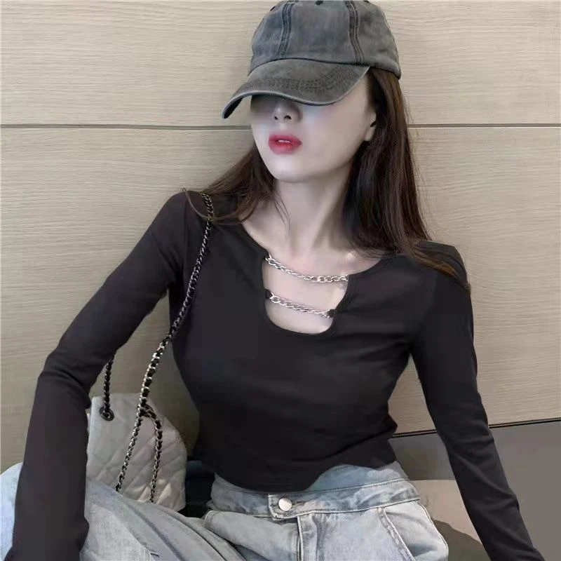 棉质短款长袖上衣女2023秋季新款个性超A修身T恤显瘦打底衫ins潮