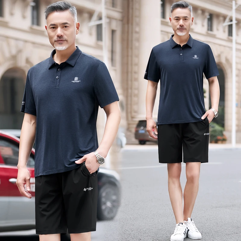 爸爸装夏装套装中老年人运动夏季男装父亲节衣服男士冰丝短袖t恤