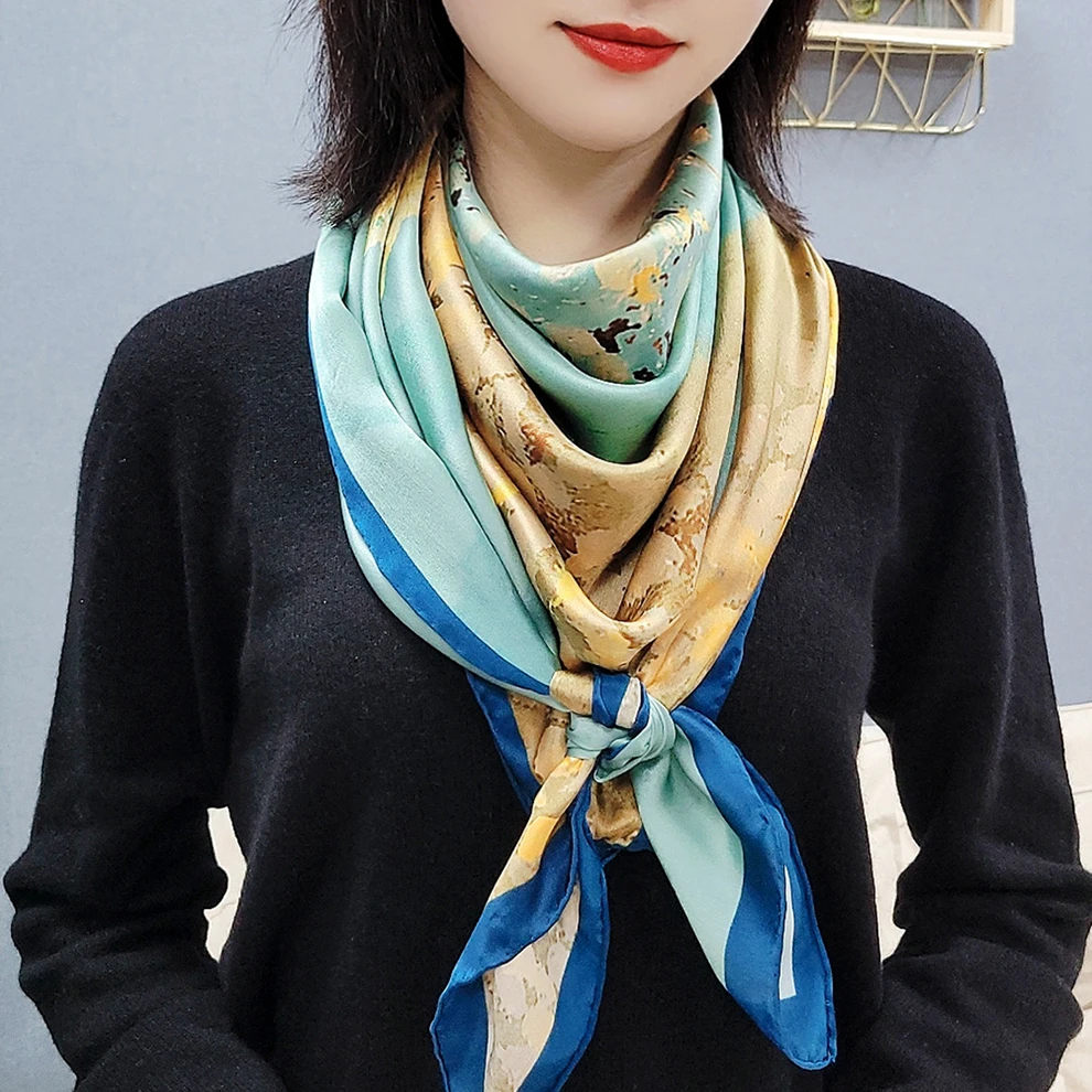 上海故事桑蚕丝围巾春夏气质黄蓝印花围巾桑女士披肩洋气优雅围脖
