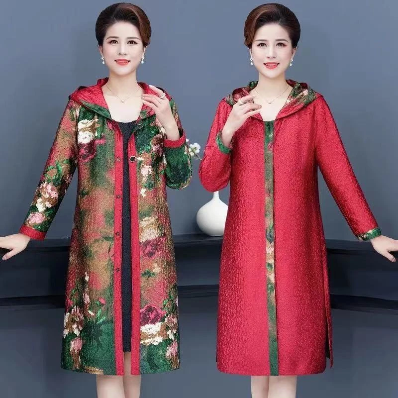 妈妈装中长款褶皱连帽外套中年阔太太两面穿风衣两面穿帽衫212