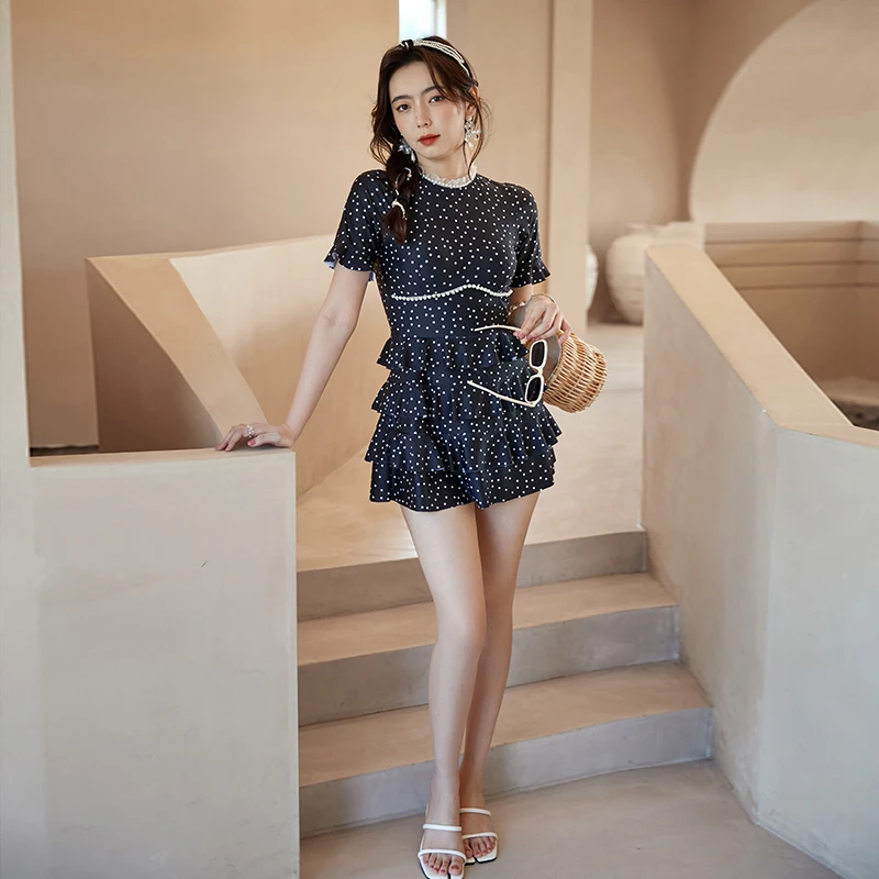 泳衣大码胖mm遮肚显瘦女裙式短袖带胸垫遮肉波点泡温泉保守200斤