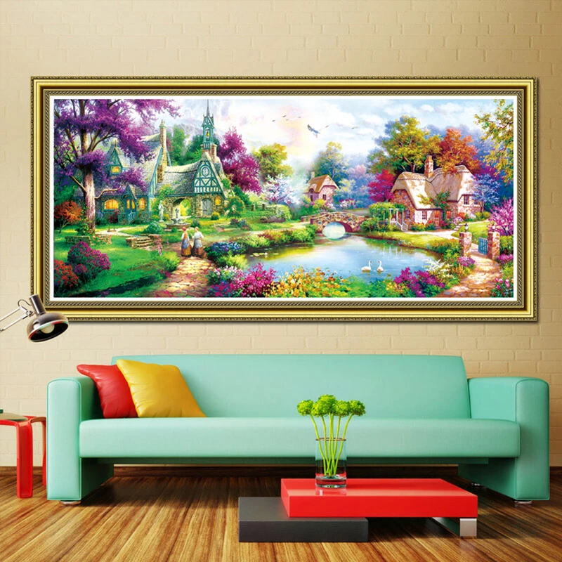 花园小屋十字绣线绣2023新款客厅大幅山水风景绣手工刺绣卧室全绣