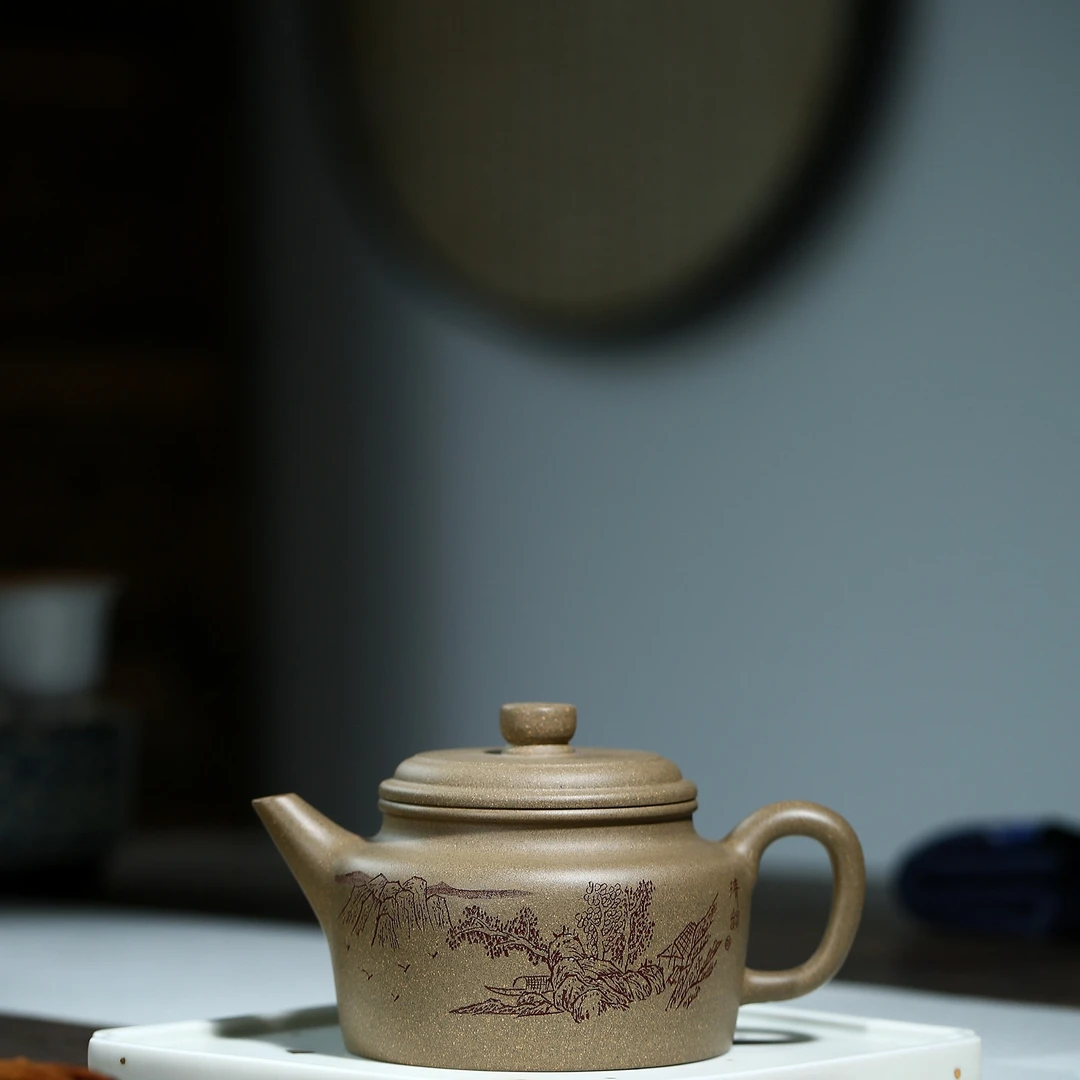 （掌柜自做）宜兴紫砂壶茶壶剑流德钟蟹壳青段245毫升手工刻绘手制